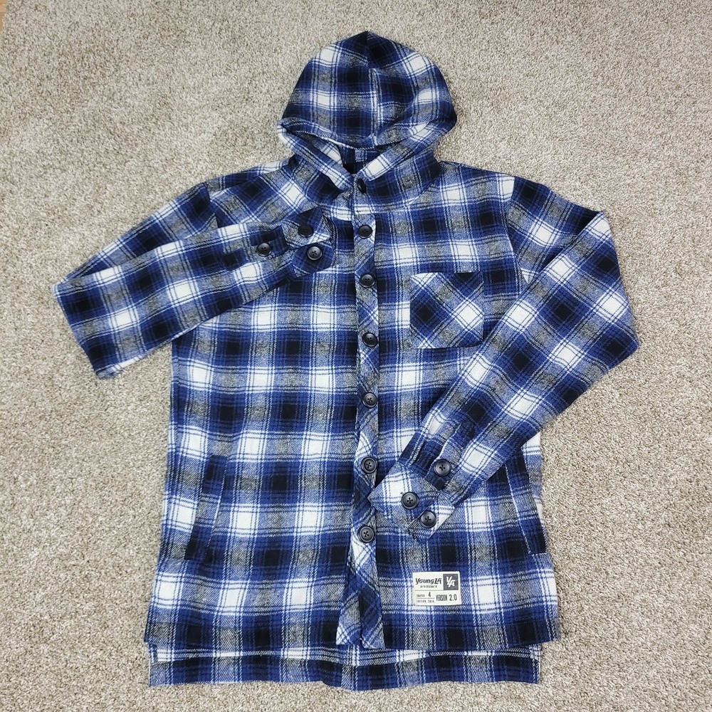 Young LA Mens Medium Blue Plaid Button Up Flannel Long Sleeve Hoodie Wool Blend